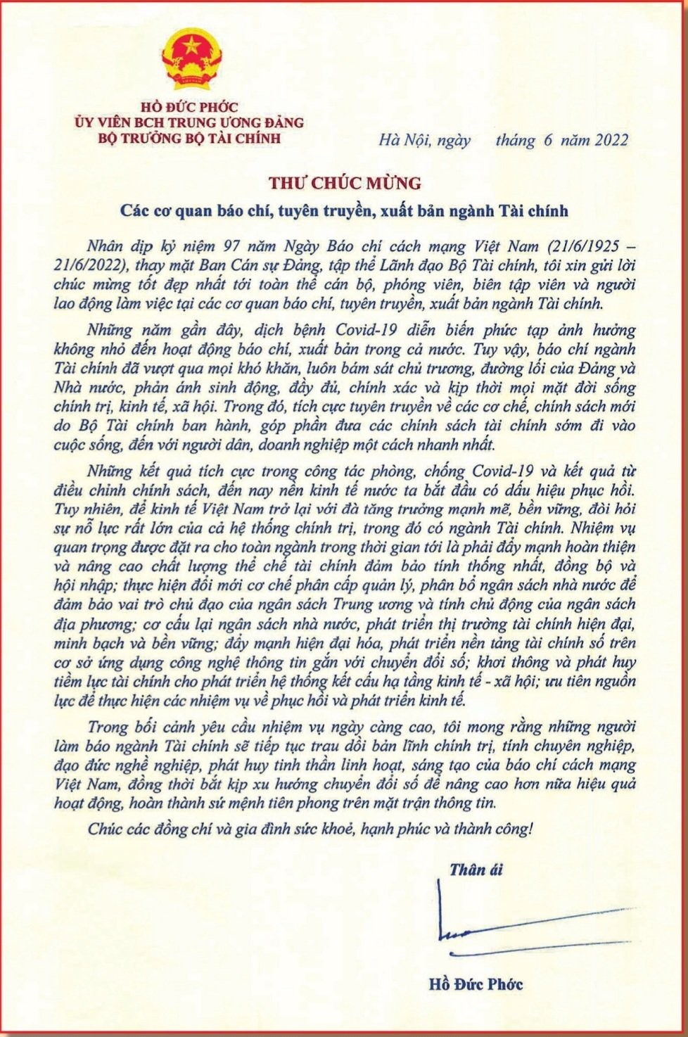 Bộ trưởng Bộ Tài chính Hồ Đức Phớc gửi thư chúc mừng 97 năm Ngày Báo chí cách mạng Việt Nam