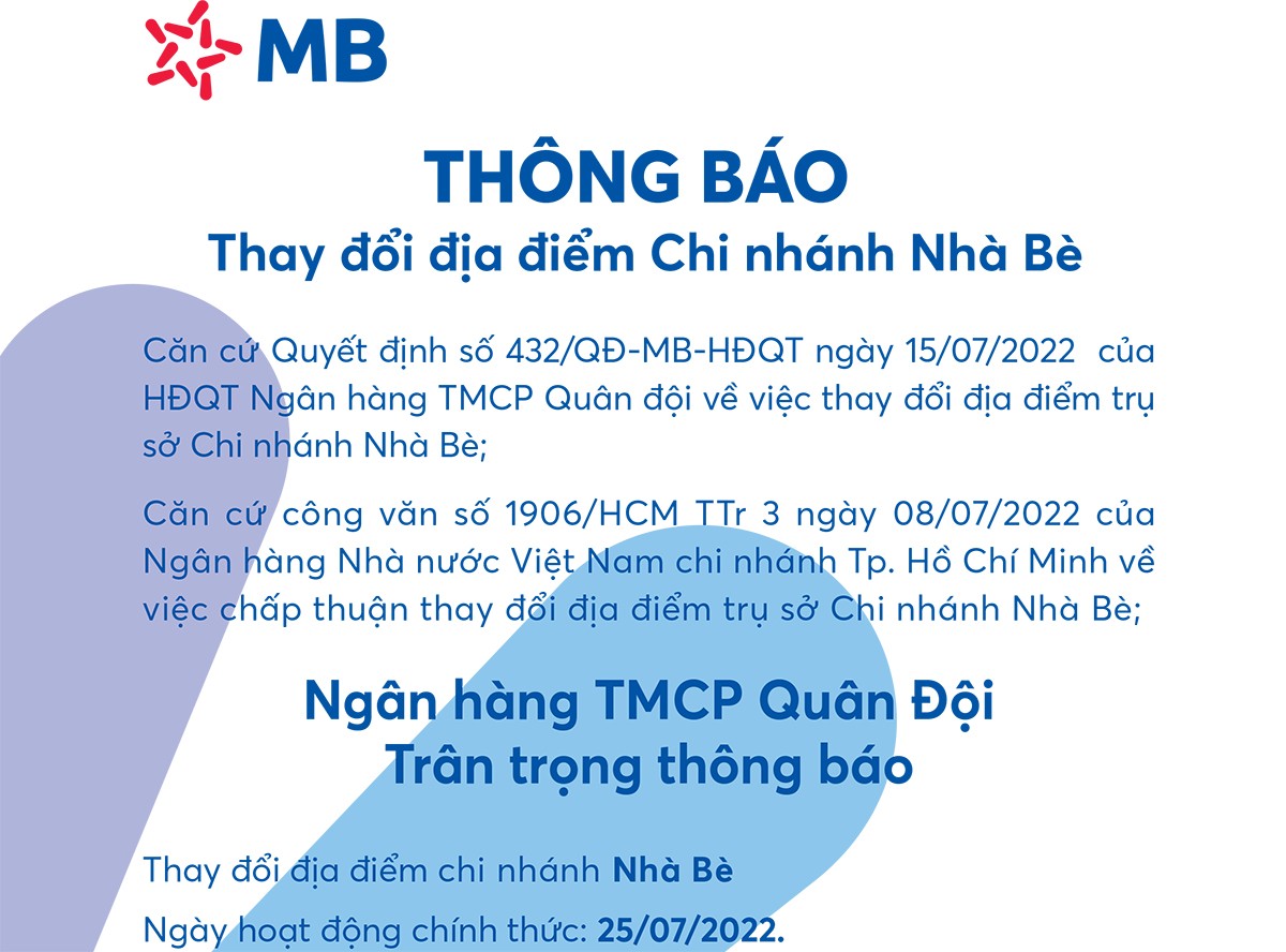 MB thông báo thay đổi địa điểm trụ sở Chi nhánh Nhà Bè