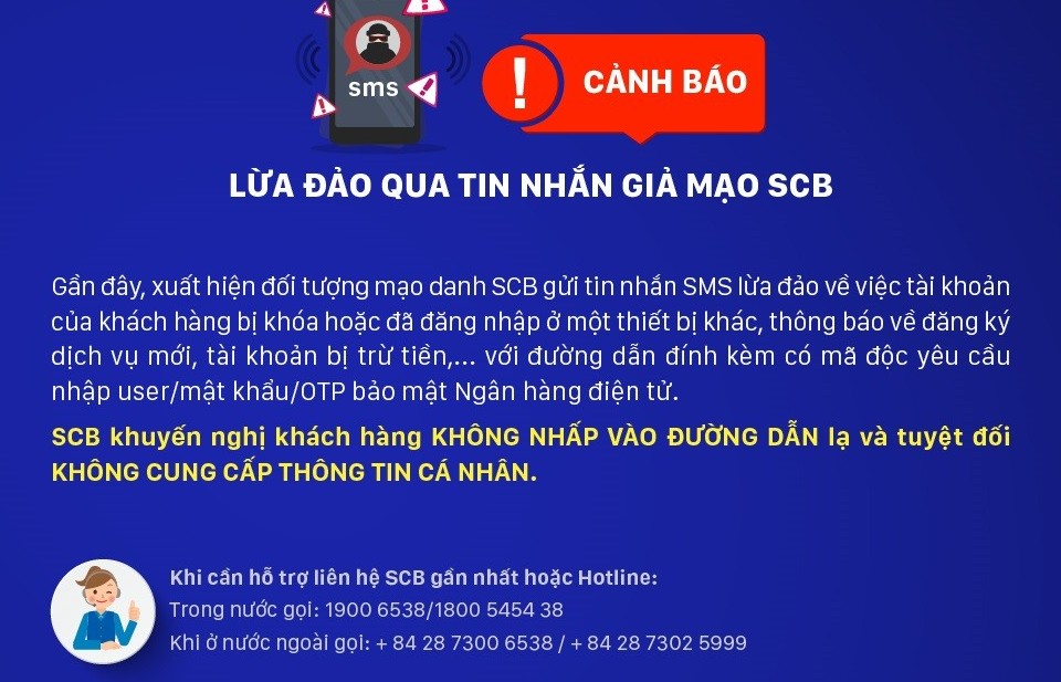 SCB cảnh báo lừa đảo qua tin nhắn giả mạo