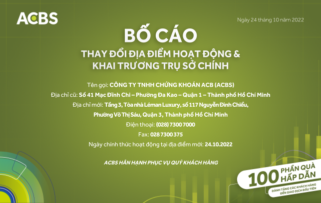 ACBS thông báo thay đổi địa điểm hoạt động và khai trương trụ sở chính