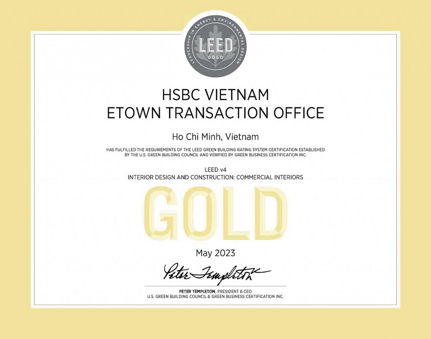 Chi nhánh ngân hàng đầu tiên của HSBC tại Việt Nam đạt chứng nhận LEED