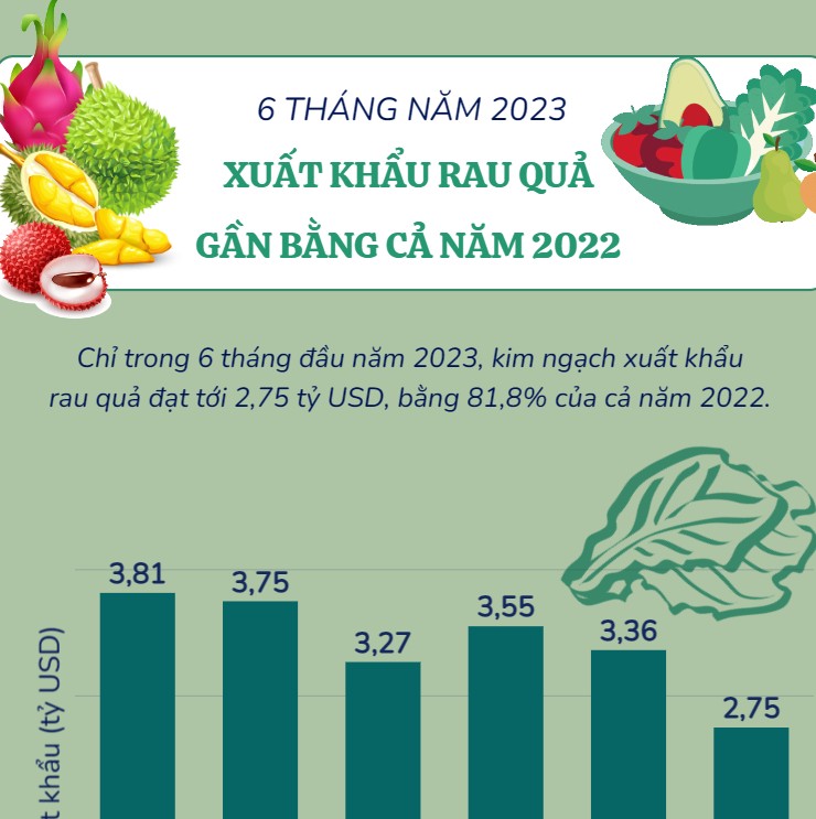 Xuất khẩu rau quả 6 tháng đầu năm 2023 gần bằng cả năm 2022