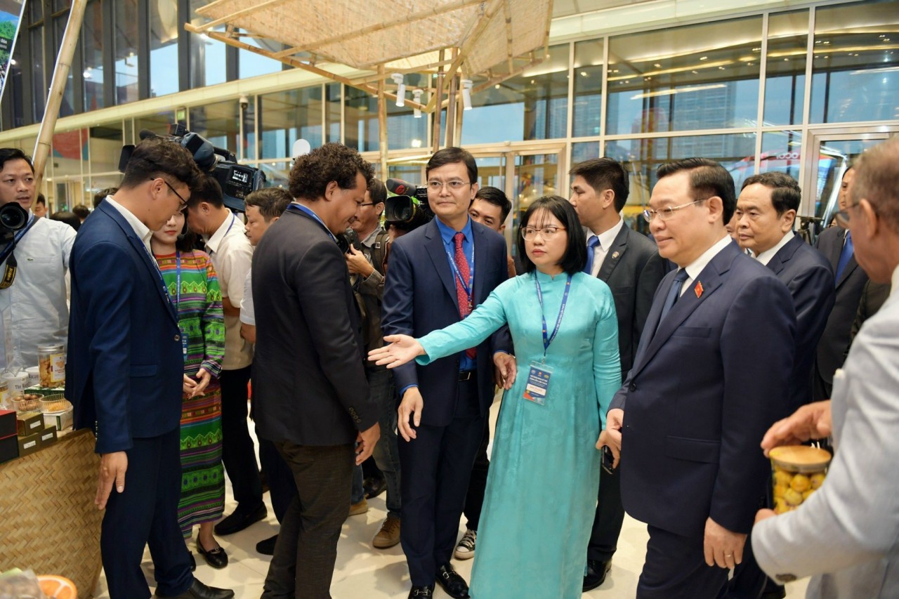 Chủ tịch Quốc hội Vương Đình Huệ thăm các gian triển lãm. 