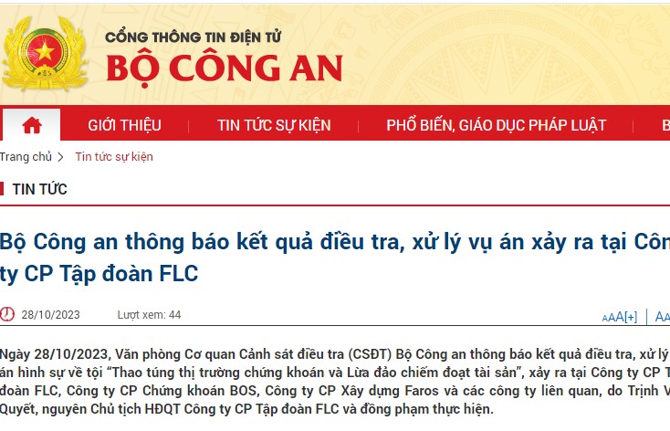 Bộ Công an thông báo kết quả điều tra, xử lý vụ án xảy ra tại Công ty CP Tập đoàn FLC