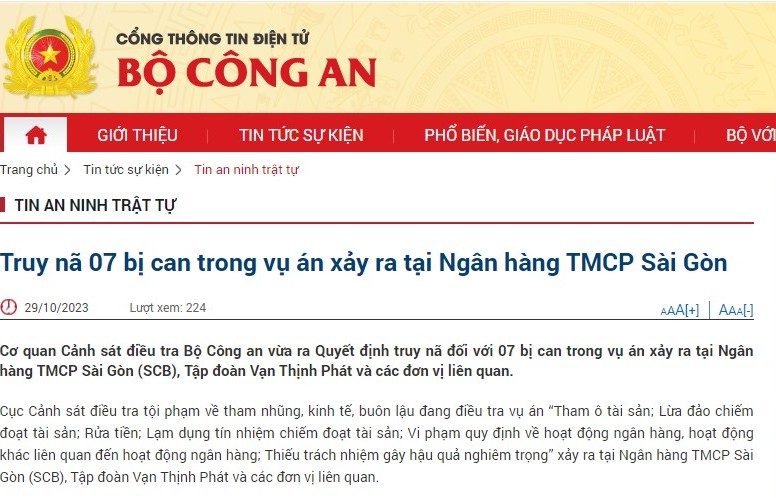 Bộ Công an truy nã 7 bị can trong vụ án xảy ra tại Ngân hàng TMCP Sài Gòn