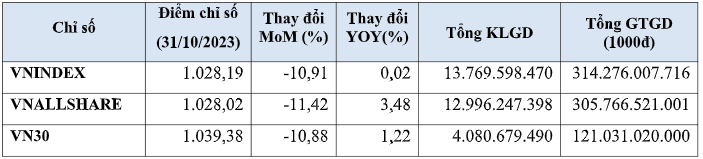 Chỉ số VN-Index tháng 10 điều chỉnh giảm 10,91%