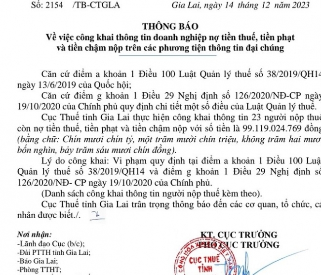 Gia Lai: Công khai 23 doanh nghiệp nợ thuế, tiền phạt và tiền chậm nộp trên 99 tỷ đồng