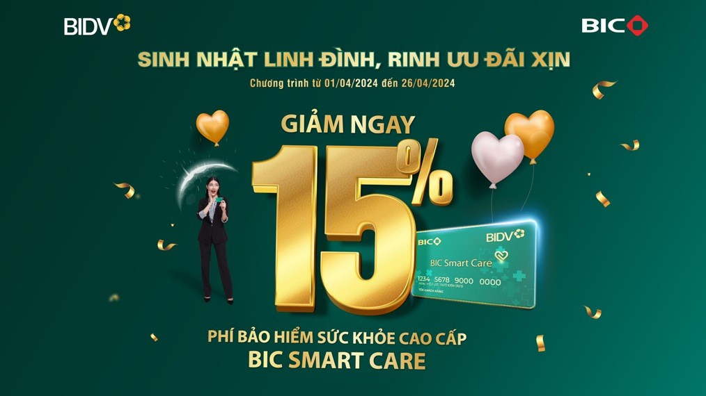 Ưu đãi 15% phí bảo hiểm sức khỏe cao cấp BIC Smart Care mừng sinh nhật BIDV