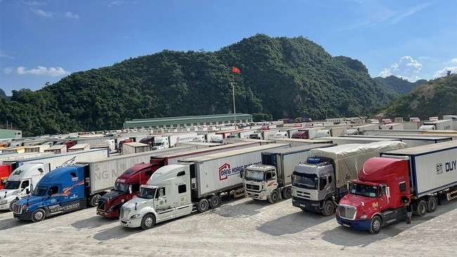 Các xe nông sản nối đuôi nhau chờ xuất khẩu tại cửa khẩu Tân Thanh (Lạng Sơn). Ảnh: PH.