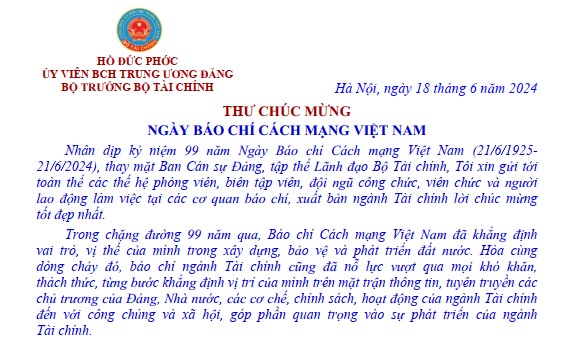 Bộ trưởng Bộ Tài chính Hồ Đức Phớc gửi Thư chúc mừng Ngày Báo chí Cách mạng Việt Nam