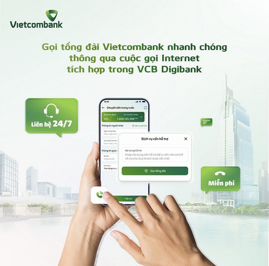 Khách hàng có thể liên hệ tổng đài Vietcombank nhanh chóng thông qua cuộc gọi Internet tích hợp trong VCB Digibank