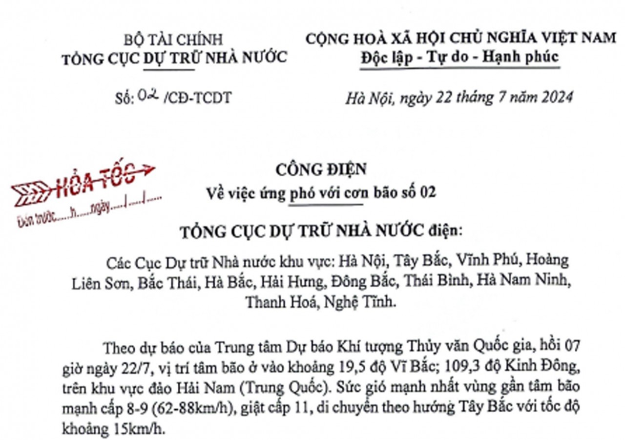 Tổng cục Dự trữ Nhà nước có công điện khẩn ứng phó với bão số 2