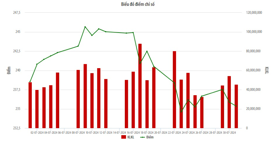 Thị trường cổ phiếu HNX tháng 7/2024: Chỉ số HNX Index giảm 0,93% so với tháng 6