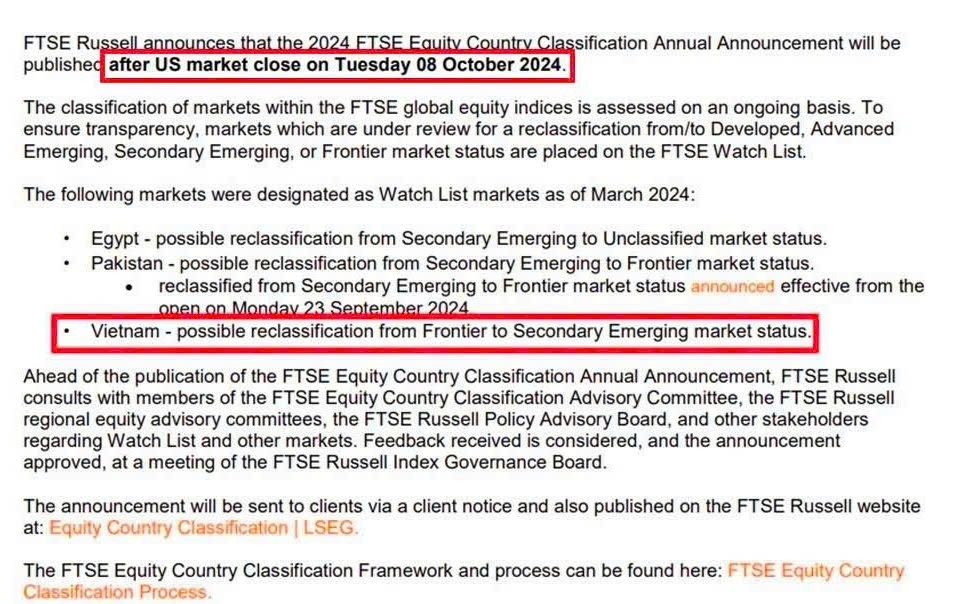 Việt Nam có thể được nâng hạng lên thị trường chứng khoán mới nổi, FTSE Russell sẽ công bố sau ngày 8/10 tới