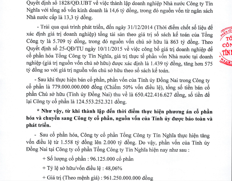 Đã có kết luận thanh tra tại Tổng công ty Tín Nghĩa về quá trình cổ phần hoá