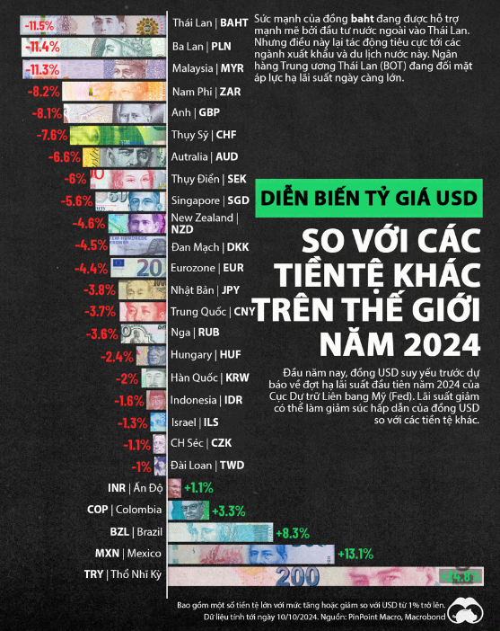 Diễn biến tỷ giá USD so với các tiền tệ khác trên thế giới từ đầu năm 2024