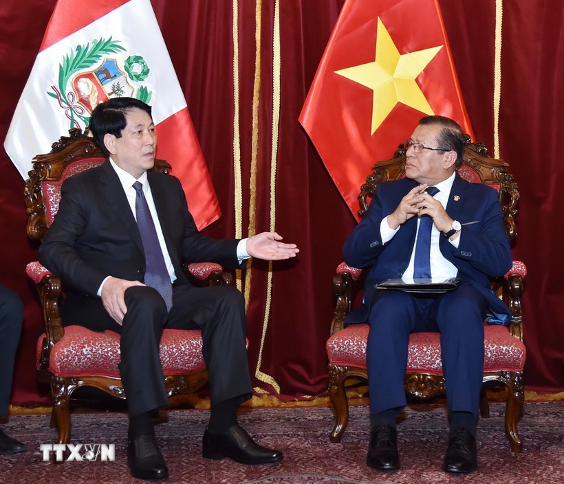 Chủ tịch nước Lương Cường hội kiến Chủ tịch Quốc hội Peru Eduardo Sanjuana