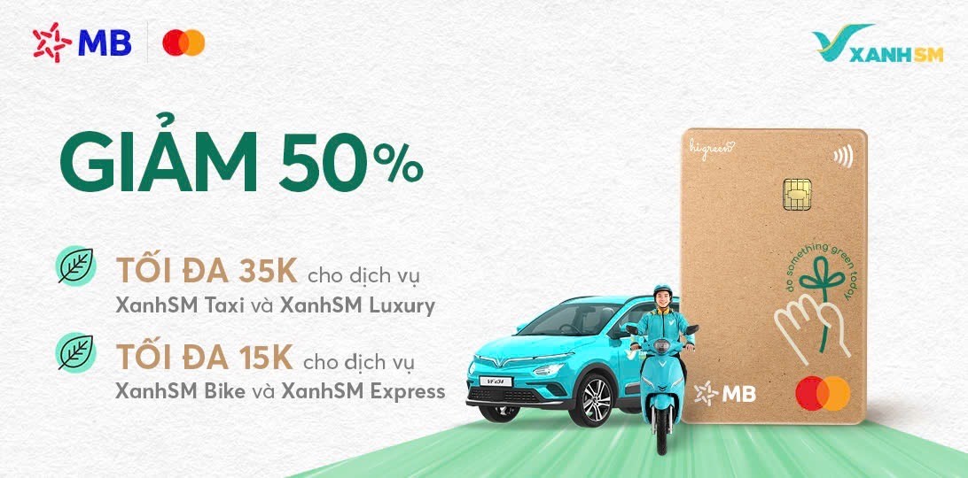 Giảm 50% tại Xanh SM khi thanh toán bằng thẻ MB