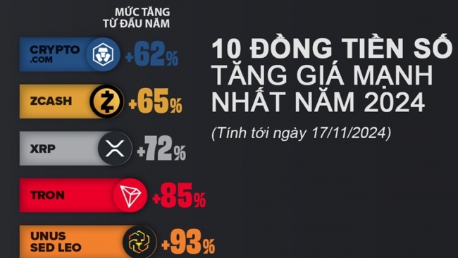 10 đồng tiền số tăng giá mạnh nhất từ đầu năm 2024