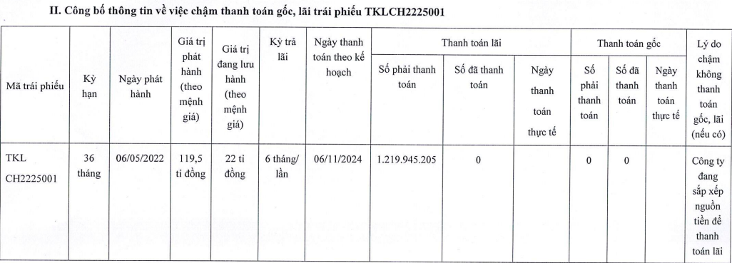 Tonkin Land chậm thanh toán lãi một lô trái phiếu