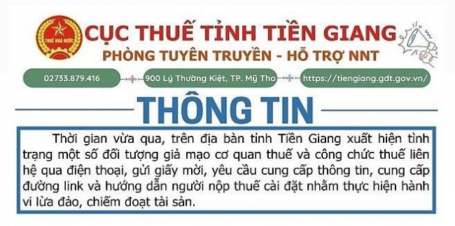 Tiền Giang: Tiếp tục cảnh báo hành vi mạo danh cơ quan thuế