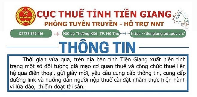 Tiền Giang: Tiếp tục cảnh báo hành vi mạo danh cơ quan thuế