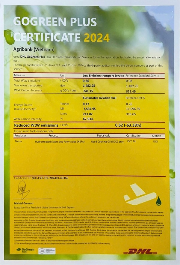 Agribank đạt chứng nhận GoGreen Plus trong giảm thiểu khí thải carbon ra môi trường
