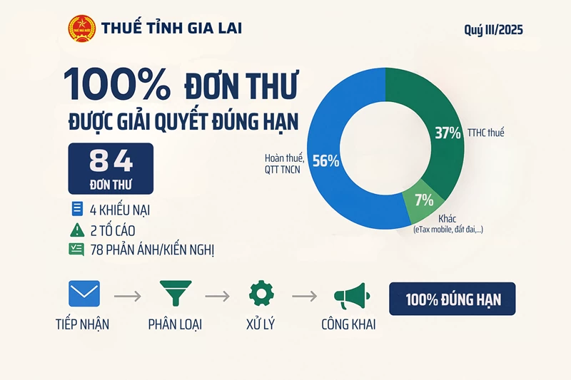 Thuế tỉnh Gia Lai: 100% đơn thư khiếu nại, tố cáo, phản ánh, kiến nghị được giải quyết đúng hạn.