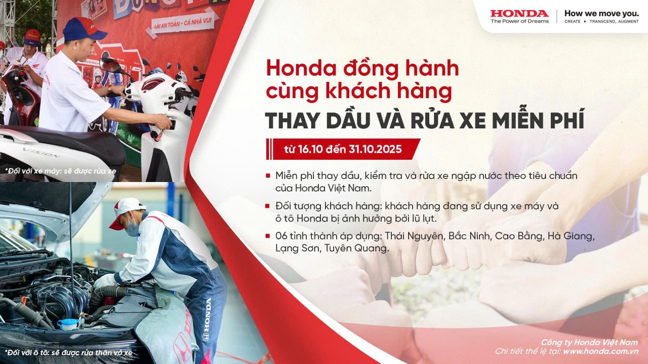 Honda Việt Nam hỗ trợ khách hàng các tỉnh miền Bắc kiểm tra và thay dầu miễn phí xe hư hại do mưa lũ gây ra