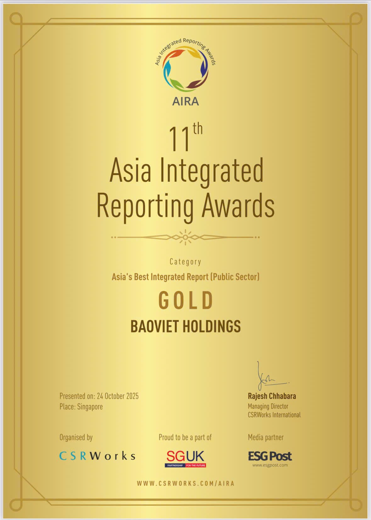 Bảo Việt đạt giải Vàng Báo cáo tích hợp xuất sắc nhất châu Á tại Lễ trao giải AIRA 2025 Bảo Việt đạt giải Vàng Báo cáo tích hợp xuất sắc nhất châu Á tại Lễ trao giải AIRA 2025