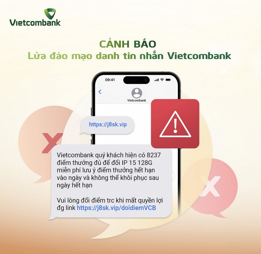 Cảnh báo lừa đảo mạo danh tin nhắn SMS Vietcombank với nội dung thông báo điểm thưởng hết hạn, hướng dẫn đổi quà để đánh cắp thông tin thẻ