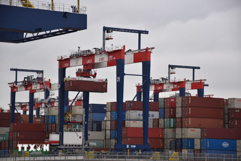 Mỹ tạm dừng thu phí cảng với Trung Quốc để thúc đẩy đàm phán hàng hải Quang cảnh cảng hàng hóa Long Beach, California, Mỹ. (Ảnh: THX/TTXVN)
