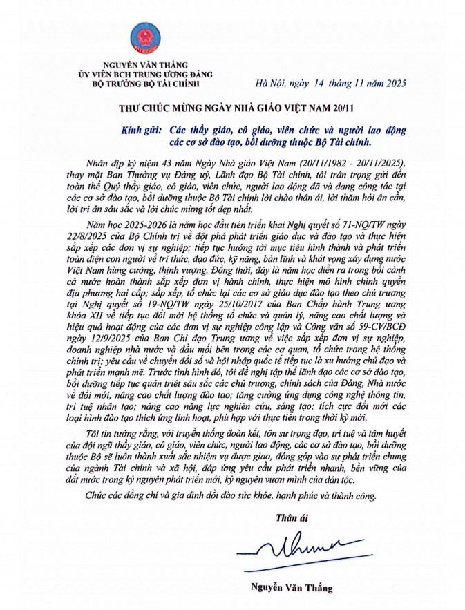 Bộ trưởng Bộ Tài chính Nguyễn Văn Thắng chúc mừng ngày Nhà giáo Việt Nam - 20/11 Bộ trưởng Bộ Tài chính Nguyễn Văn Thắng chúc mừng ngày Nhà giáo Việt Nam - 20/11