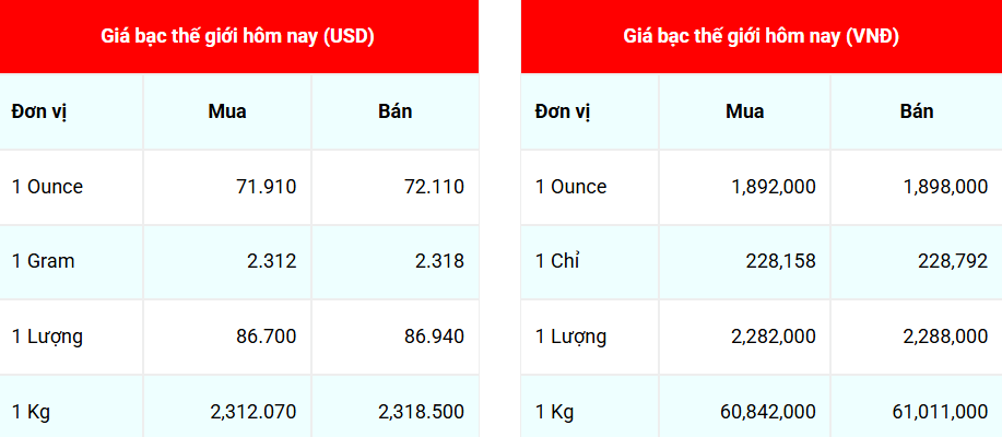 Ngày 25/12: Giá bạc nối dài đà tăng mạnh