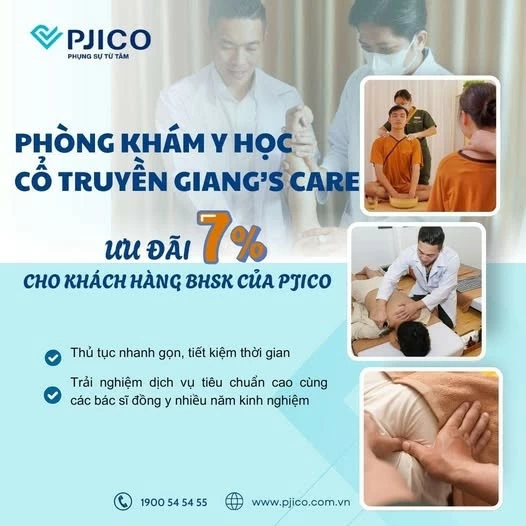 Khách hàng Bảo hiểm sức khỏe PJICO được giảm 7% tại Phòng khám Y học Cổ truyền Giang's Care Khách hàng Bảo hiểm sức khỏe PJICO được giảm 7% tại Phòng khám Y học Cổ truyền Giang's Care
