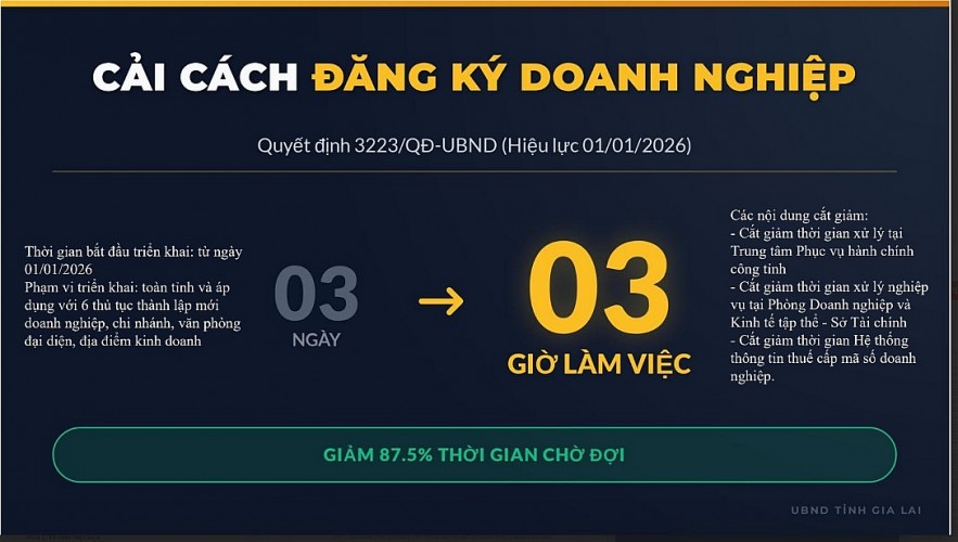 Từ ngày 1/1/2026, thủ tục đăng ký thành lập mới doanh nghiệp tại tỉnh Gia Lai chỉ mất 3 giờ làm việc. Từ ngày 1/1/2026, thủ tục đăng ký thành lập mới doanh nghiệp tại tỉnh Gia Lai chỉ mất 3 giờ làm việc.