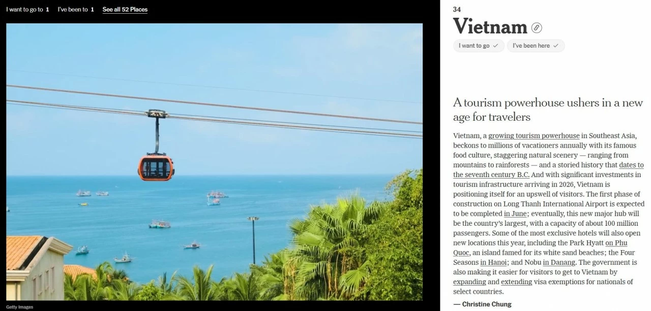 Việt Nam lọt top 52 điểm đến năm 2026 của New York Times