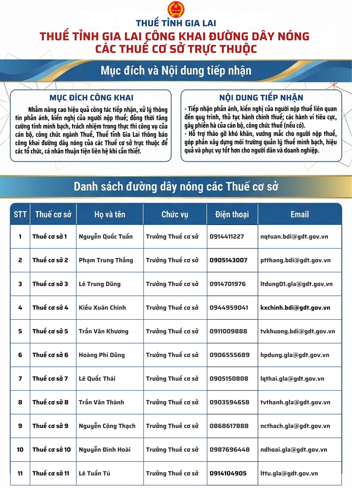 Thuế tỉnh Gia Lai công khai đường dây nóng của 11 Thuế cơ sở trực thuộc. Nguồn: Thuế tỉnh Gia Lai.