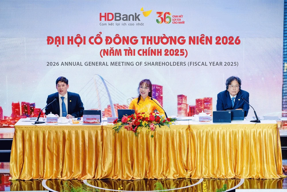 Đại hội cổ đông HDBank 2026: Đặt kế hoạch lợi nhuận tăng 41%, quy mô tiệm cận 1,2 triệu tỷ đồng Đại hội cổ đông HDBank 2026: Đặt kế hoạch lợi nhuận tăng 41%, quy mô tiệm cận 1,2 triệu tỷ đồng