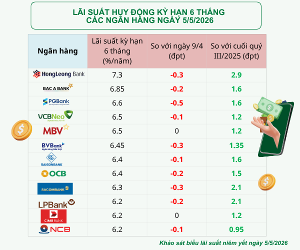 Sau nhịp hạ nhiệt, ngân hàng nào trả lãi suất cao kỳ hạn 6 tháng?