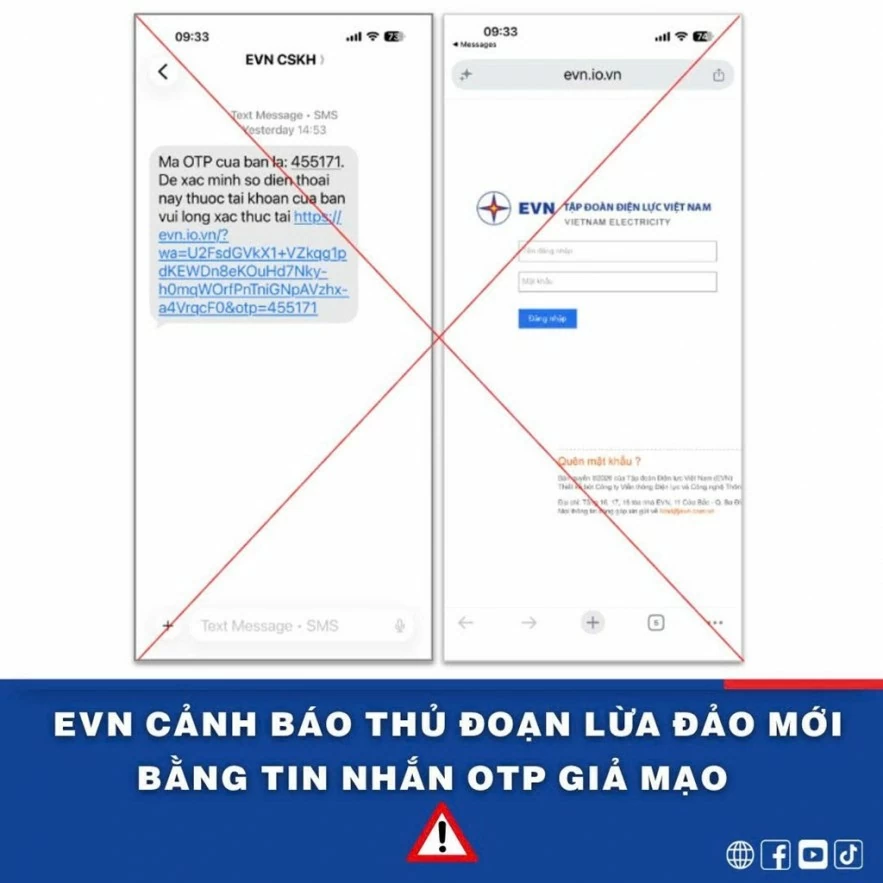 EVN cảnh báo thủ đoạn lừa đảo mới bằng tin nhắn OTP giả mạo EVN cảnh báo thủ đoạn lừa đảo mới bằng tin nhắn OTP giả mạo