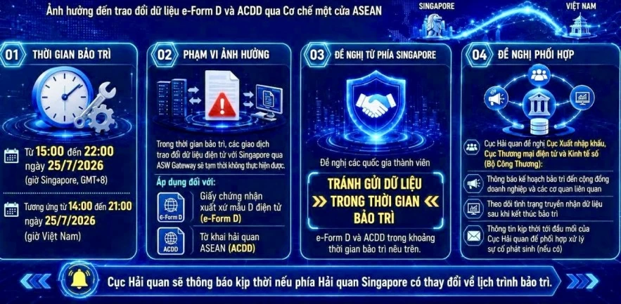 Ngày 25/7, tạm dừng trao đổi e-Form D với Singapore do bảo trì hệ thống