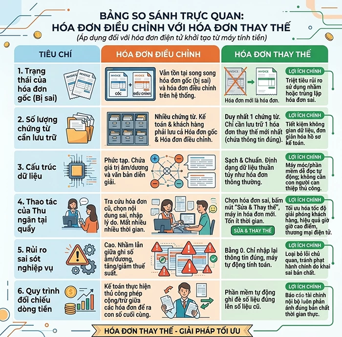 Vì sao lập “hóa đơn thay thế” lại thuận lợi hơn so với “hóa đơn điều chỉnh”? Vì sao lập “hóa đơn thay thế” lại thuận lợi hơn so với “hóa đơn điều chỉnh”?