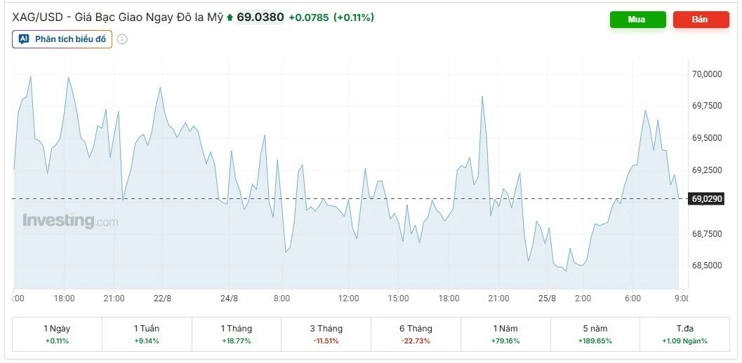 Ngày 25/8: Giá bạc trong nước giảm nhẹ, giá bạc thế giới vượt 69 USD/ounce