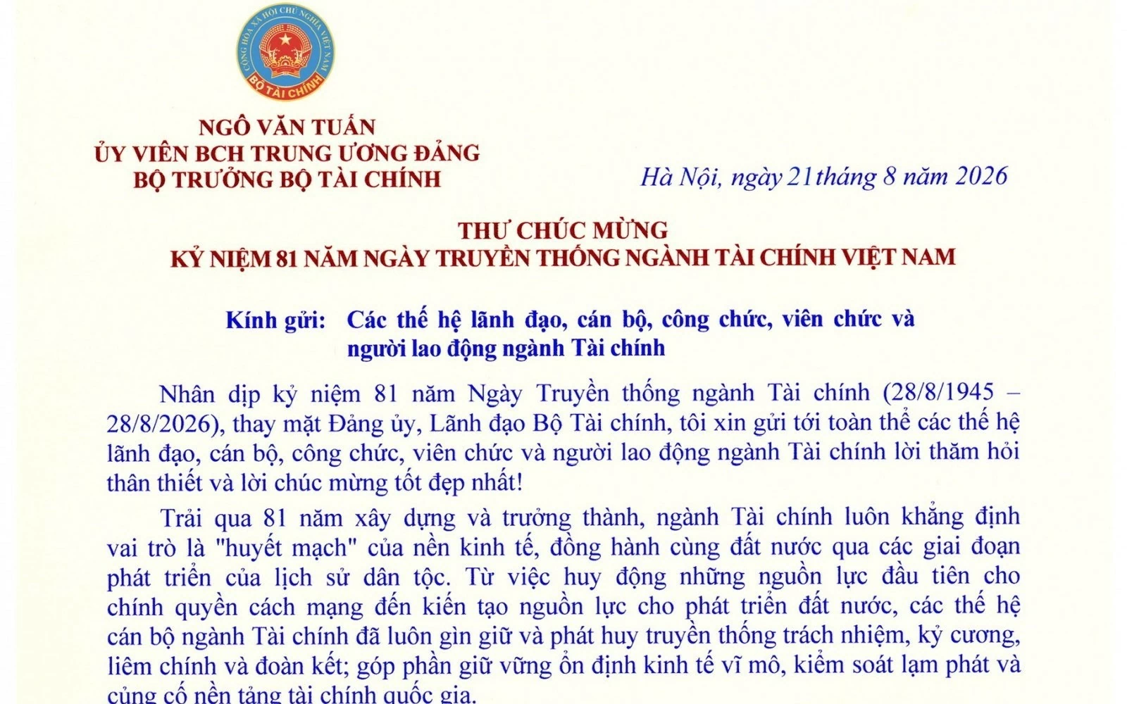 thu chuc mung cua bo truong bo tai chinh ngo van tuan nhan dip ky niem 81 nam ngay truyen thong nganh tai chinh