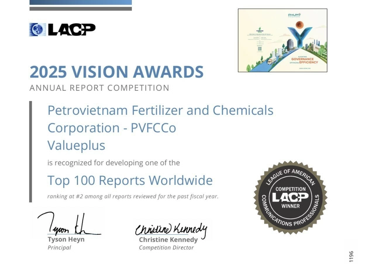 PVFCCo - Phú Mỹ xếp hạng nhì toàn cầu, giành 2 giải bạch kim tại LACP 2025 Vision Awards (Hoa Kỳ)