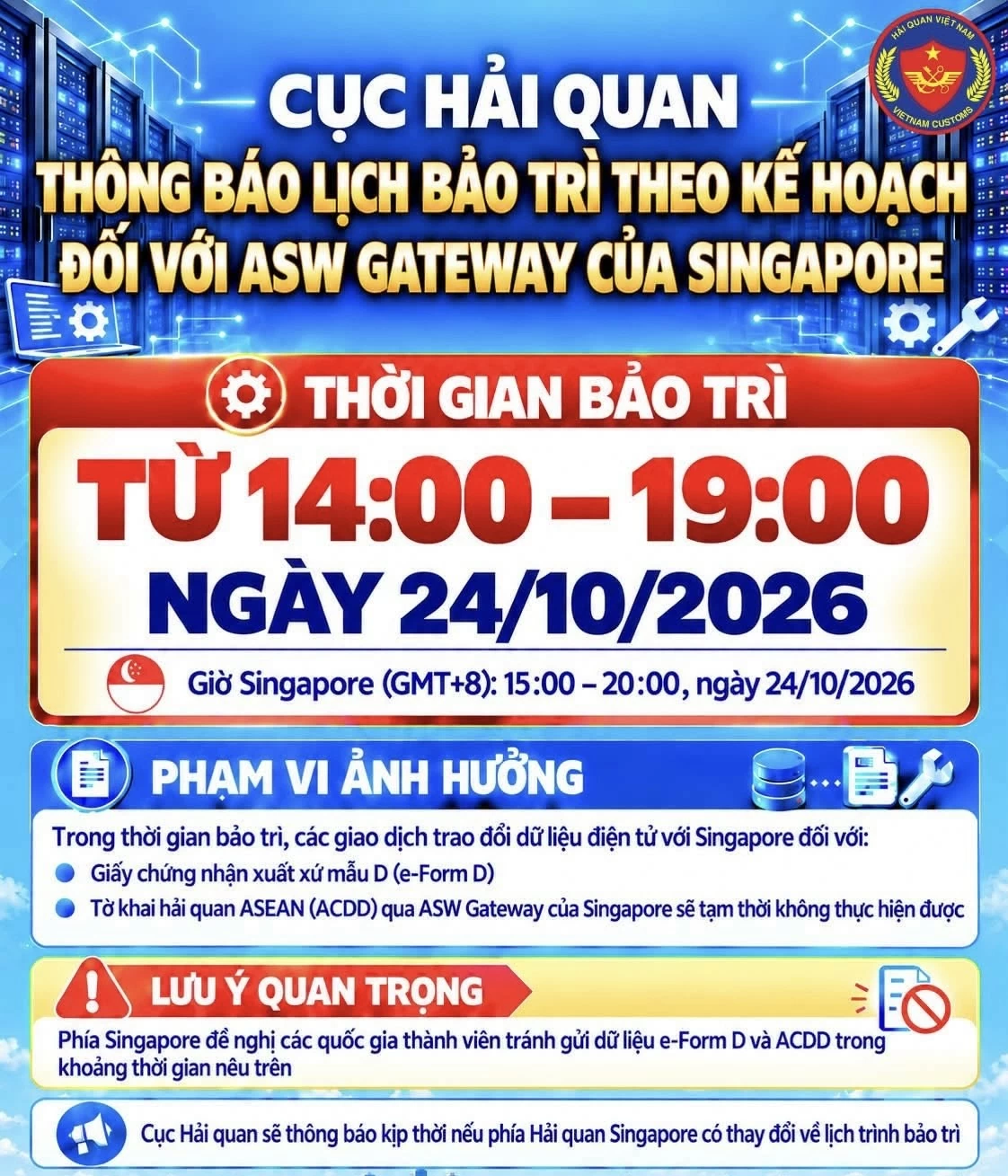 Ngày 24/10: Hải quan cảnh báo gián đoạn 5 giờ giao dịch e-Form D, ACDD với Singapore