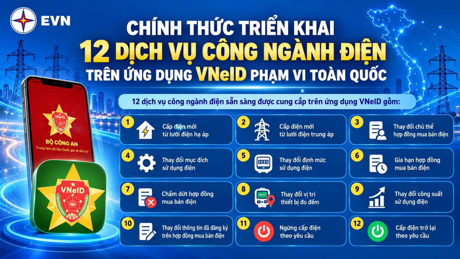 Chính thức triển khai 12 dịch vụ công ngành điện trên ứng dụng VneID Chính thức triển khai 12 dịch vụ công ngành điện trên ứng dụng VNeID