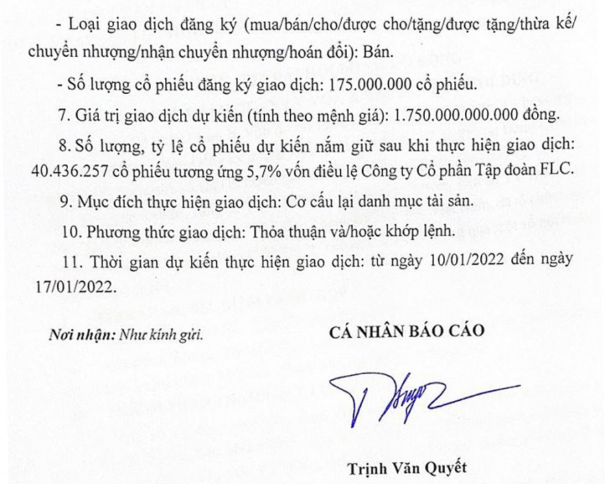 Nhiều nhà đầu tư bất ngờ khi FLC ra tin ông Trịnh Văn Quyết đăng ký bán 175 triệu cổ phiếu