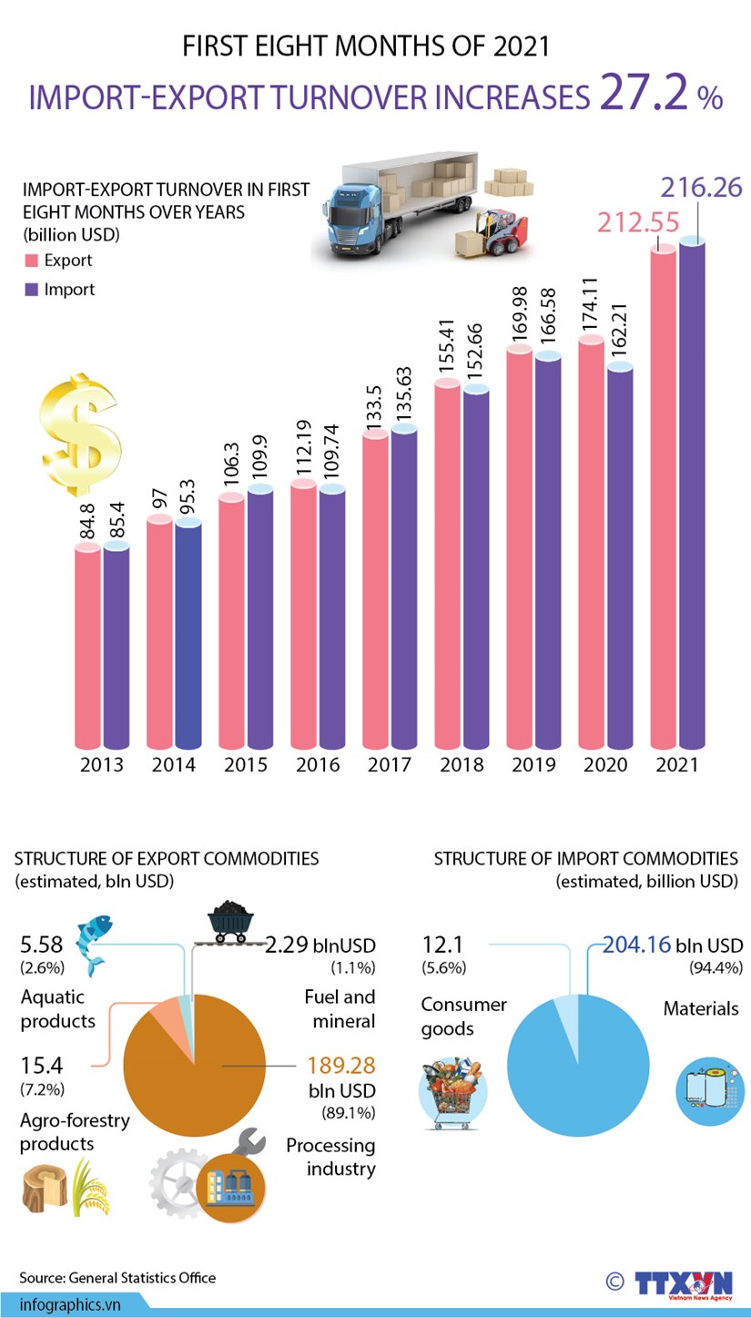 Vietnam's import-export turnover up 27.2 percent in eight months hinh anh 1